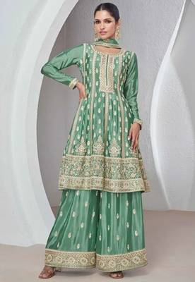 Green embroidered chiffon semi stitched salwar suit 1