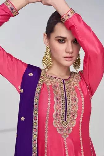 Pink embroidered chiffon semi stitched salwar suit