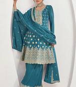 Teal blue embroidered chiffon semi stitched salwar suit