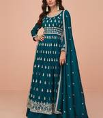Teal blue embroidered art silk semi stitched salwar suit