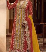 Red embroidered organza semi stitched salwar suit
