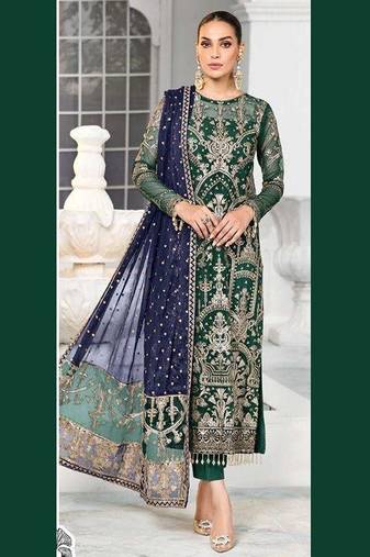 Green embroidered faux georgette semi stitched salwar suit