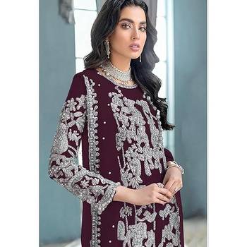 Dark maroon embroidered faux georgette semi stitched salwar suit 1