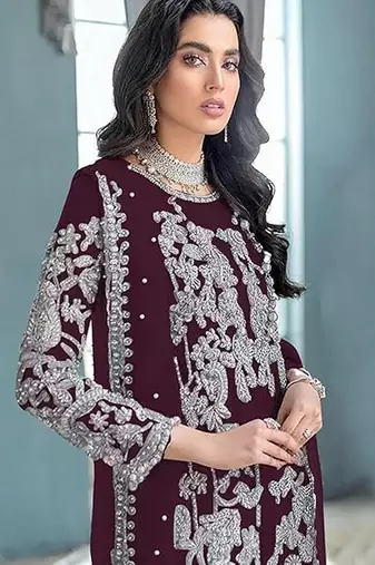 Dark maroon embroidered faux georgette semi stitched salwar suit