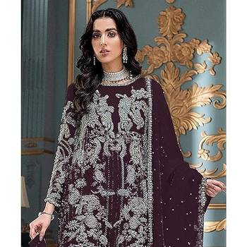 Dark maroon embroidered faux georgette semi stitched salwar suit 2
