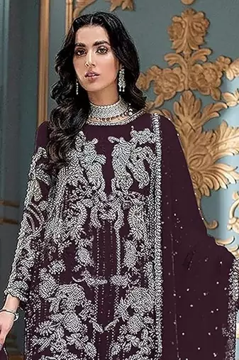 Dark maroon embroidered faux georgette semi stitched salwar suit