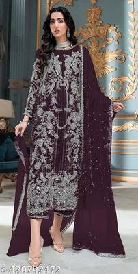 Dark maroon embroidered faux georgette semi stitched salwar suit 4