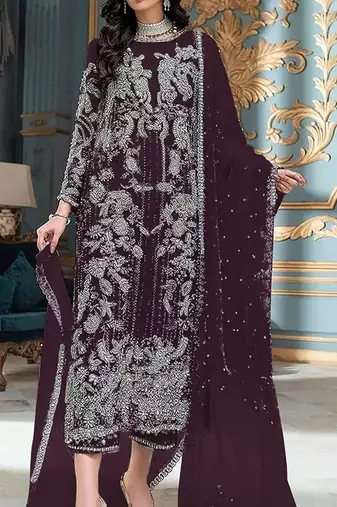 Dark maroon embroidered faux georgette semi stitched salwar suit