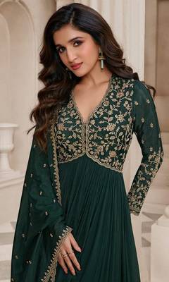 Green embroidered chiffon semi stitched salwar suit 2