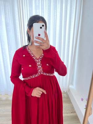 Red Colour Rangoli Silk Wedding Wear Hand Work Fully Stitched Gown  1