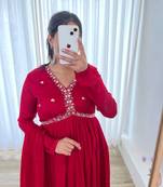 Red Colour Rangoli Silk Wedding Wear Hand Work Fully Stitched Gown 