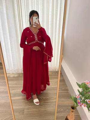 Red Colour Rangoli Silk Wedding Wear Hand Work Fully Stitched Gown  3