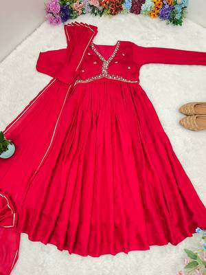 Red Colour Rangoli Silk Wedding Wear Hand Work Fully Stitched Gown  6