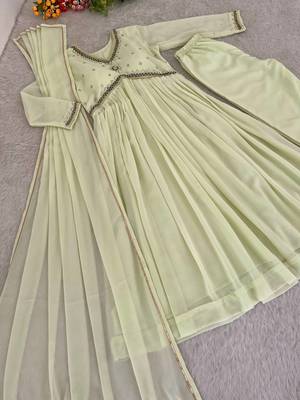 Cream Colour Faux Georgette Wedding Wear Hand Work Fully Stitched Gown  4