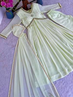 Cream Colour Faux Georgette Wedding Wear Hand Work Fully Stitched Gown  5