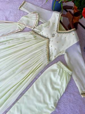 Cream Colour Faux Georgette Wedding Wear Hand Work Fully Stitched Gown  6