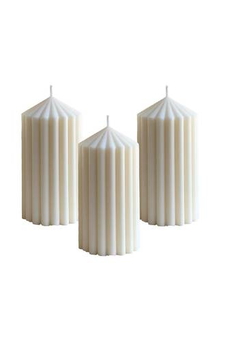 Atorakushon soy wax set of 3 scented point ribbed pillar candles for home decor diwali wedding & pirty( ivory)