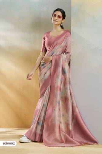 Peach printed handloom weaving silk Blend saree with blouse