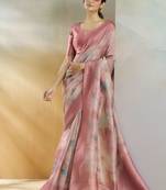 Peach printed handloom weaving silk blend saree with blouse