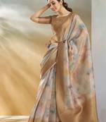 Gold printed handloom weaving silk blend saree with blouse