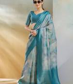 Teal printed handloom weaving silk blend saree with blouse