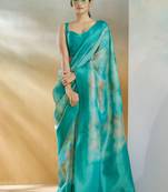 Teal green printed handloom weaving silk blend saree with blouse