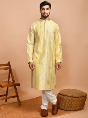Eastern looms yellow floral print cotton Mens Kurta Pajamas Set 1