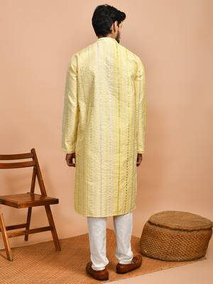 Eastern looms yellow floral print cotton Mens Kurta Pajamas Set 2