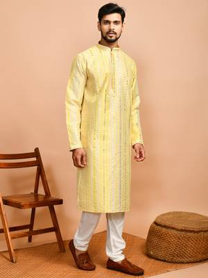 Eastern looms yellow floral print cotton Mens Kurta Pajamas Set 3