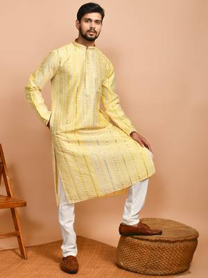 Eastern looms yellow floral print cotton Mens Kurta Pajamas Set 4