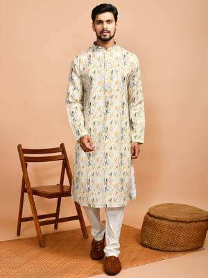 Eastern looms yellow abstract print cotton Mens Kurta Pajamas Set 1