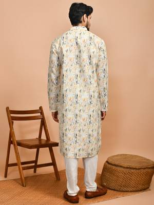 Eastern looms yellow abstract print cotton Mens Kurta Pajamas Set 2