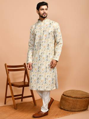 Eastern looms yellow abstract print cotton Mens Kurta Pajamas Set 3