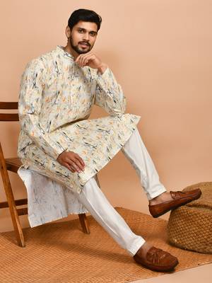 Eastern looms yellow abstract print cotton Mens Kurta Pajamas Set 4