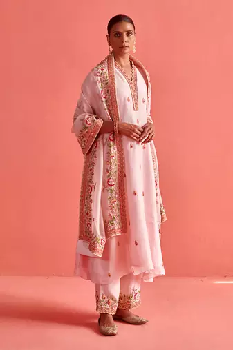 Powder pink pure silk kurti and organza dupatta