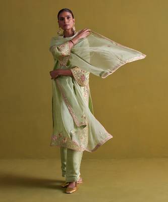 Pista green kora silk kurti with bamberg satin pallazo and organza dupatta 1