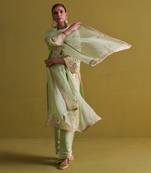 Pista green kora silk kurti with bamberg satin pallazo and organza dupatta