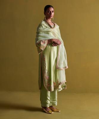 Pista green kora silk kurti with bamberg satin pallazo and organza dupatta 2