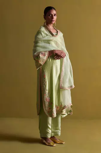 Pista green kora silk kurti with bamberg satin pallazo and organza dupatta
