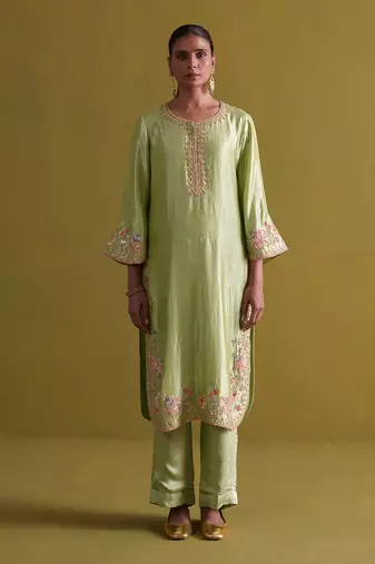 Pista green kora silk kurti with bamberg satin pallazo and organza dupatta