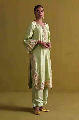 Pista green kora silk kurti with bamberg satin pallazo and organza dupatta