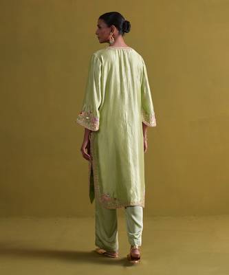 Pista green kora silk kurti with bamberg satin pallazo and organza dupatta 5