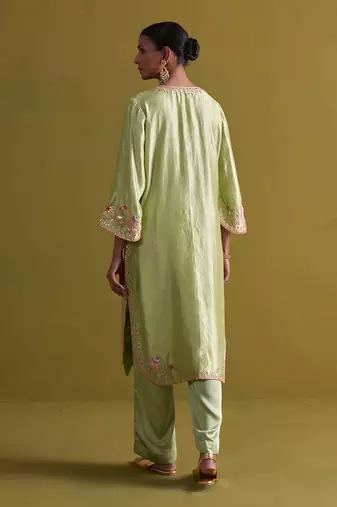 Pista green kora silk kurti with bamberg satin pallazo and organza dupatta