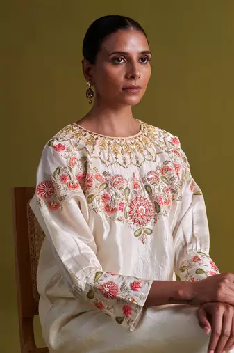 Ivory kora silk kurti with bamberg satin pallazo