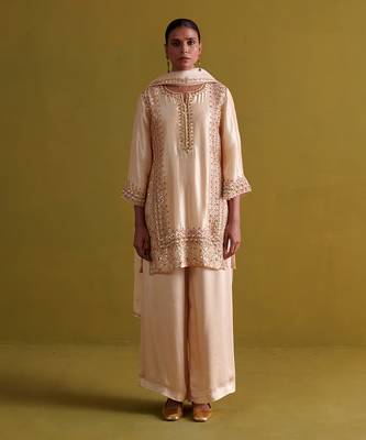 Beige kora silk kurti with bamberg satin pallazo and organza dupatta 1