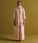 Beige kora silk kurti with bamberg satin pallazo and organza dupatta