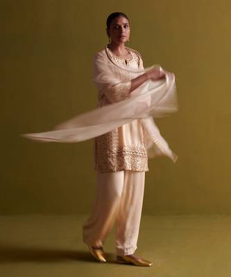 Beige kora silk kurti with bamberg satin pallazo and organza dupatta 2