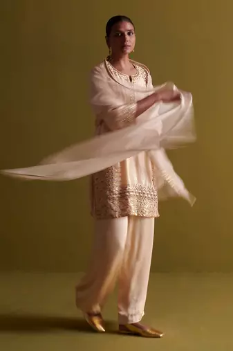 Beige kora silk kurti with bamberg satin pallazo and organza dupatta