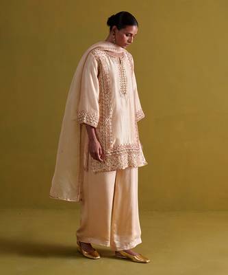 Beige kora silk kurti with bamberg satin pallazo and organza dupatta 3
