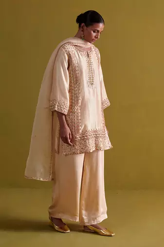 Beige kora silk kurti with bamberg satin pallazo and organza dupatta